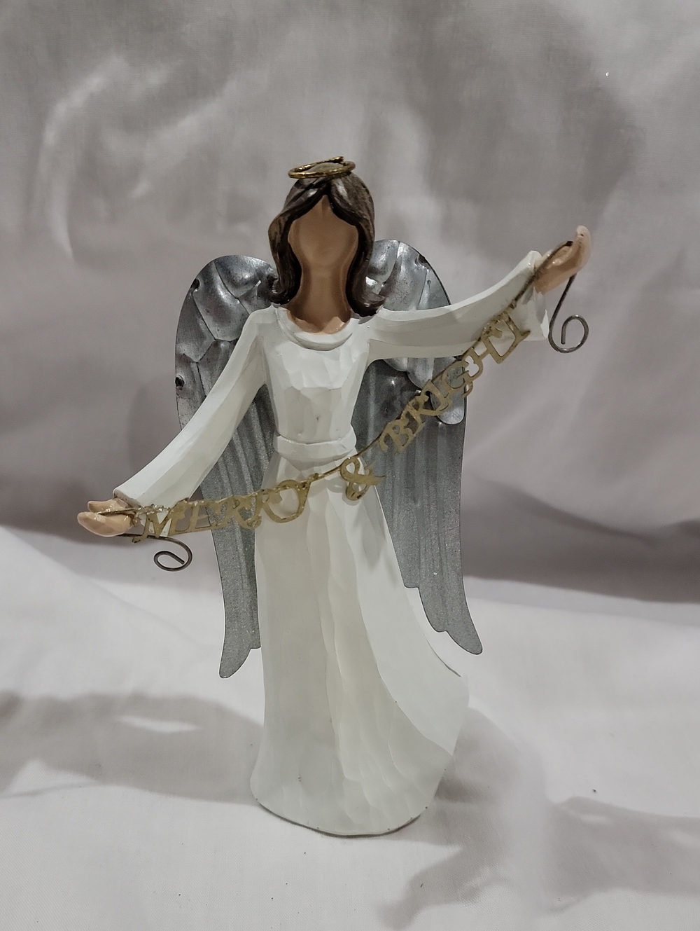 St. Nicholas Square White and Silver Angel Figurine with Gold Banner